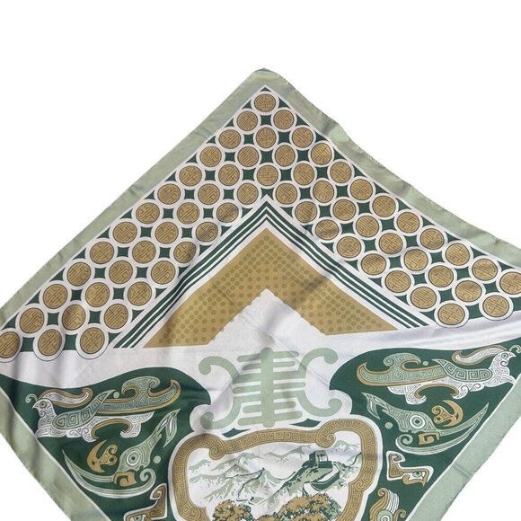 Vintage Chinese Hai Yan 100% Silk Green and Gold Beijing 29" Square Scarf - Picture 5 of 16